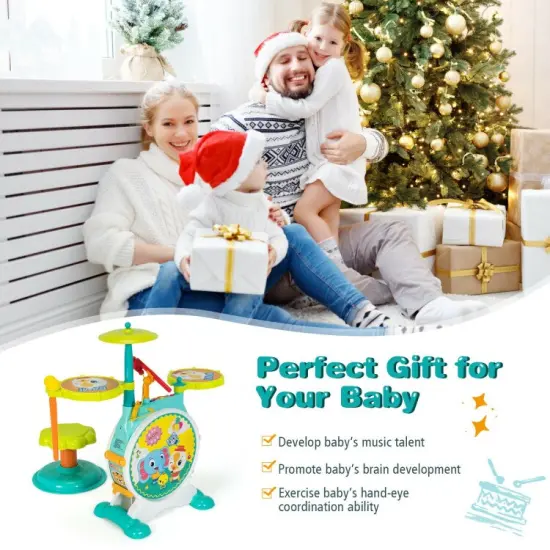 3 Pieces Electric Kids Drum Set with Microphone Stool Pedal {6}