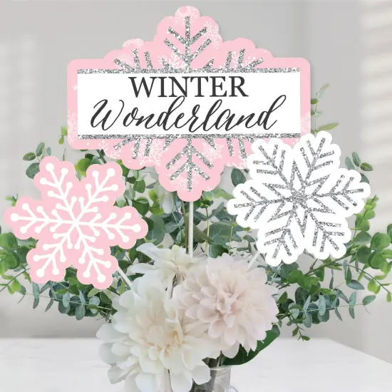 Big Dot of Happiness Pink Winter Wonderland - Holiday Snowflake Birthday Party or Baby Shower Centerpiece Sticks - Table Toppers - Set of 15 {1}