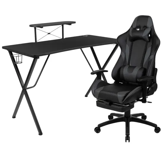 Emma and Oliver Gaming Desk & Chair Set - Cup Holder, Headphone Hook, and Monitor Stand Gray {1}