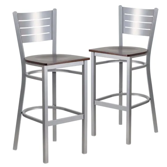 Emma and Oliver 2 Pack Silver Slat Back Metal Restaurant Barstool WalnutWood/Silver {1}