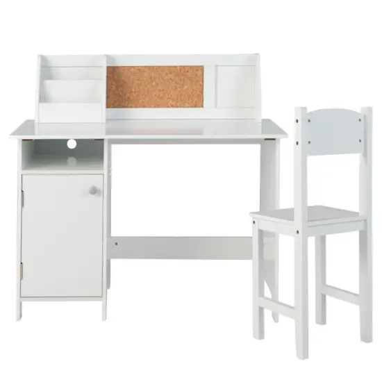 Wooden Kids Study Desk and Chair Set with Storage Cabinet and Bulletin Board-White {5}