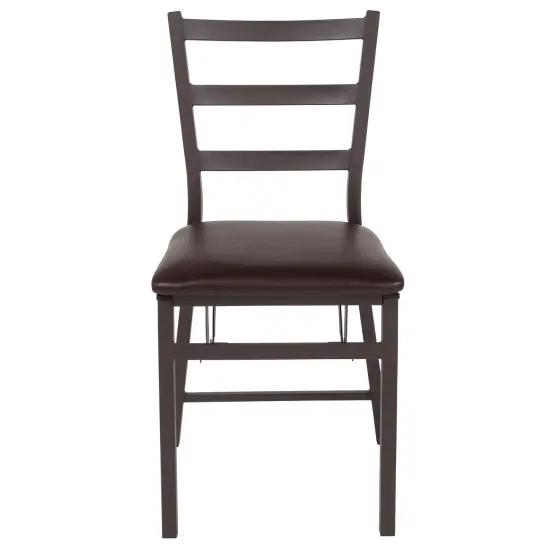 Emma and Oliver 2 Pack Folding Ladder Back Metal Chair with Vinyl Seat Brown {3}