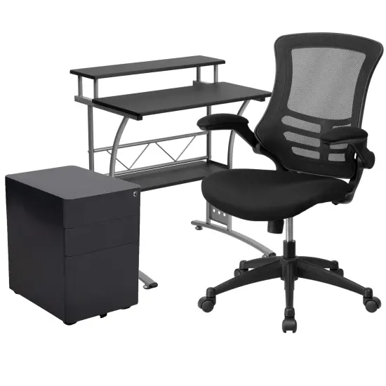 Emma and Oliver Work From Home Kit-Computer Desk, Ergonomic Office Chair, Mobile Filing Cabinet Black {1}