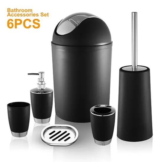 Eggracks 6 Pcs Bathroom Accessories Set including Soap Dispenser | Toothbrush Holder | Tumbler | Soap Dish | Toilet Cleaning Brush and Trash Can Black {1}