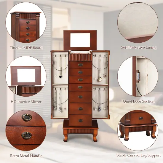 Wooden Jewelry Armoire Cabinet Storage Chest with Drawers and Swing Doors {6}