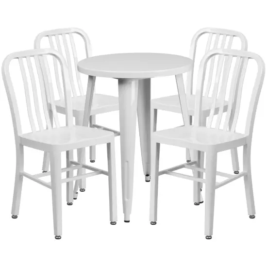 Emma and Oliver Commercial Grade 24" Round Metal Indoor-Outdoor Table Set & 4 Slat Back Chairs White {1}