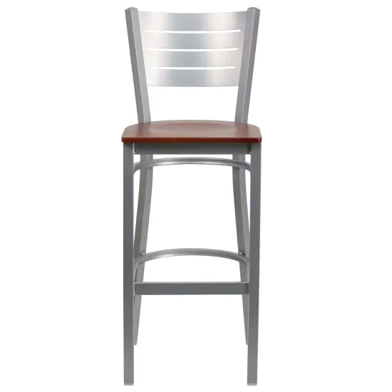 Emma and Oliver Silver Slat Back Metal Restaurant Dining Barstool CherryWood/Silver {2}