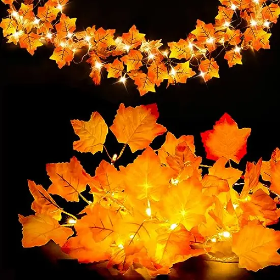 Fall Decor [2 Pack] Lighted Fall Garland, Total 16.4ft 40 LED Thanksgiving Decor Halloween String Lights, Friendsgiving Gift Thanksgiving Decorations for Home Holiday Autumn Garland Indoor {1}