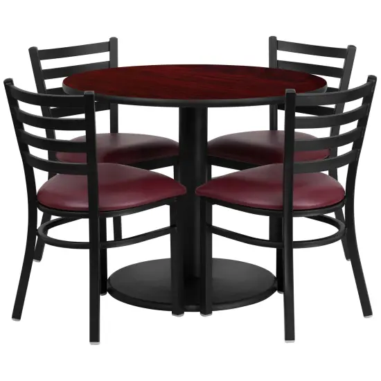Emma and Oliver 36" Round Laminate Table Set with 4 Ladder Back Metal Chairs Mahogany/BurgundyVYL {1}