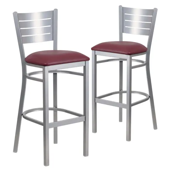Emma and Oliver 2 Pack Silver Slat Back Metal Restaurant Barstool BurgundyVinyl/Silver {1}