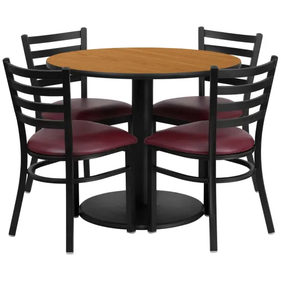 Emma and Oliver 36" Round Laminate Table Set with 4 Ladder Back Metal Chairs MahoganyTop/BlackVYL {3}