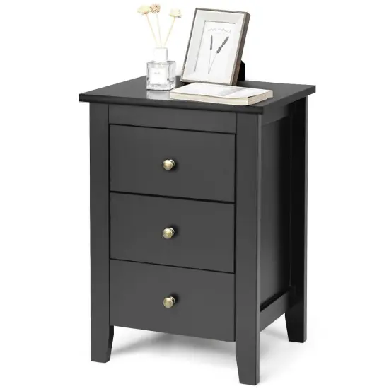 Modern Nightstand End Beside Table with 3 Storage Drawers and Open Platform Black {4}