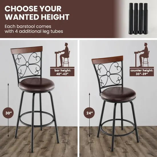 2 Pieces 24-Inch Adjustable PU Cushioned Swivel Barstools with 4 Additional Leg Tubes {6}