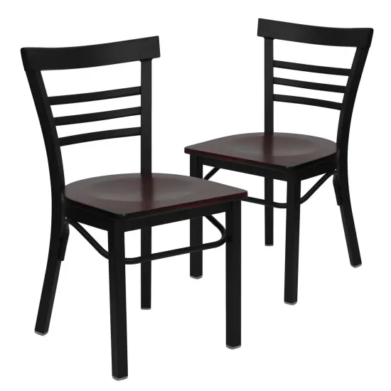 Emma and Oliver 2 Pack Three-Slat Ladder Back Metal Restaurant Chair Mahogany/BlackMetal {1}