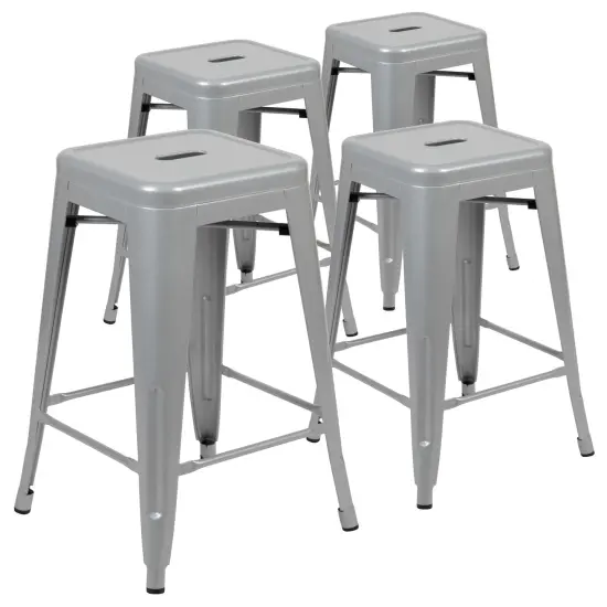 Emma and Oliver 4 Pack 24" High Metal Indoor Counter Bar Stool - Stackable Stool Silver {1}