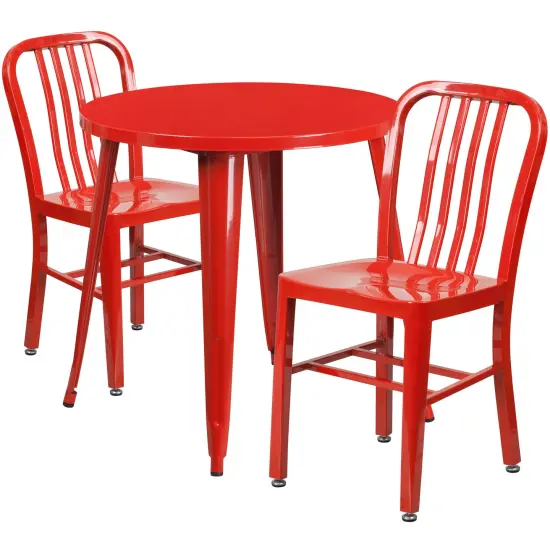 Emma and Oliver Commercial Grade 30" Round Metal Indoor-Outdoor Table Set & 2 Slat Back Chairs Red {1}