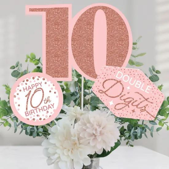 Big Dot of Happiness 10th Pink Rose Gold Birthday - Happy Birthday Party Centerpiece Sticks - Table Toppers - Set of 15 {1}