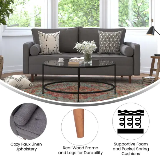 Emma and Oliver Holden Upholstered Mid-Century Modern Pocket Spring Sofa with Wooden Legs and Removable Back Cushions Dark Gray {2}