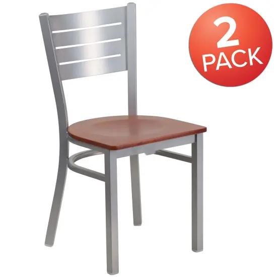 Emma and Oliver 2 Pack Silver Slat Back Metal Restaurant Chair MahoganySeat/Silver {10}