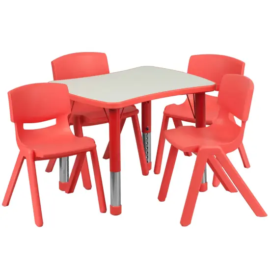 Emma and Oliver 21.875"W x 26.625"L Rectangular Plastic Height Adjustable Activity Table Set with 4 Chairs Red {1}