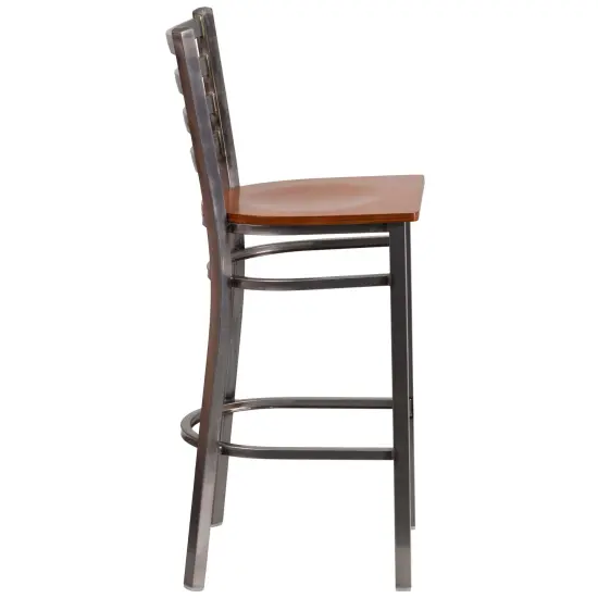 Emma and Oliver 2 Pack Clear Coated Ladder Back Metal Restaurant Barstool WalnutWood/ClearCoat {10}