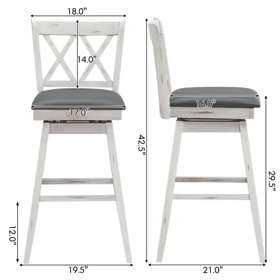2 Pieces 29 Inches Swivel Counter Height Barstool Set with Rubber Wood Legs White {4}