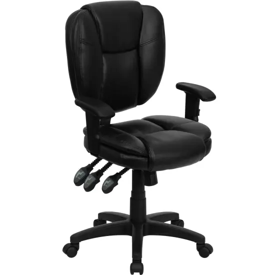 Emma and Oliver Mid-Back Multifunction Pillow Top Swivel Ergonomic Task Office Chair with Arms Black LeatherSoft {1}
