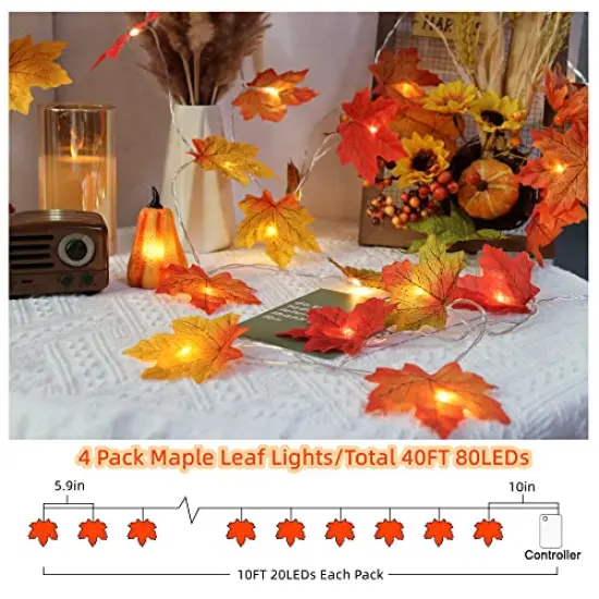 4 Pieces Total 40Ft Fall Decorations Maple Leaf Lights Garland, 80LED Lights Battery Operated Fall Leaves Garland with Lights Wedding Autumn Harvest Lights String Home Indoor Outdoor Thanksgiving Decor {5}