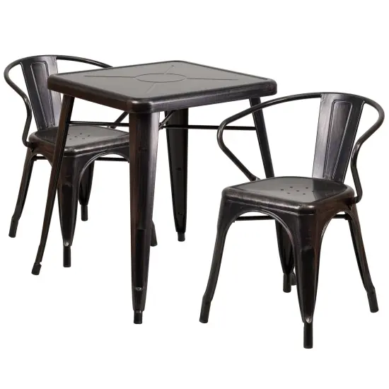 Emma and Oliver Commercial Grade 23.75" Square Metal Indoor-Outdoor Table Set with 2 Arm Chairs Black-Antique Gold {1}