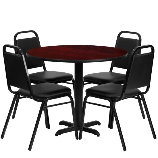Emma and Oliver 36" Round Laminate X-Base Table Set with 4 Banquet Chairs MahoganyTop/BlackVYL {1}