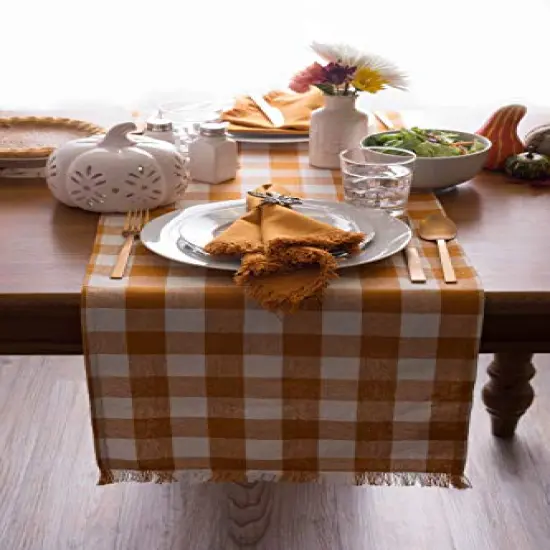 Heavyweight Fringed Check Tabletop Collection, Table Runner, 14x72, Pumpkin Spice {6}