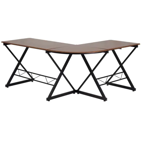 Emma and Oliver Laminate L-Shape Computer Desk with Pull-Out Keyboard Tray Teakwood {2}