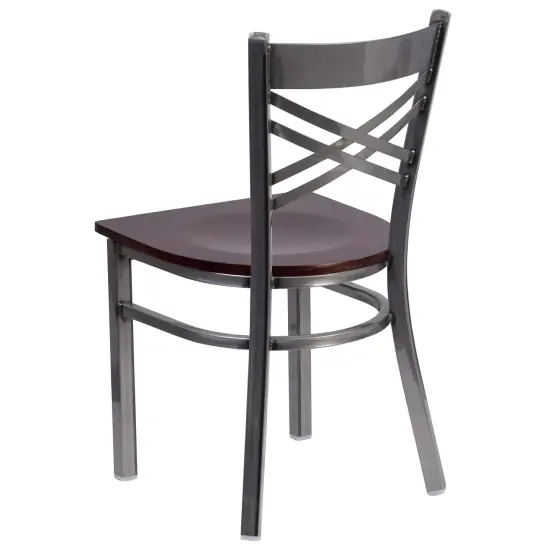 Emma and Oliver 2 Pack Clear Coated "X" Back Metal Restaurant Chair Walnut/ClearCoated {3}