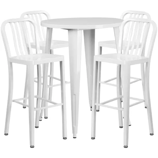 Emma and Oliver Commercial 30" Round Metal Indoor-Outdoor Bar Table Set & 4 Slat Back Stools White {1}