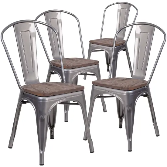 Emma and Oliver 4 Pack Metal Stackable Chair with Wood Seat Clear Coated {1}