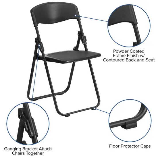 Emma and Oliver 2 Pack Commercial Event Plastic Folding Chair with Ganging Brackets Black {2}