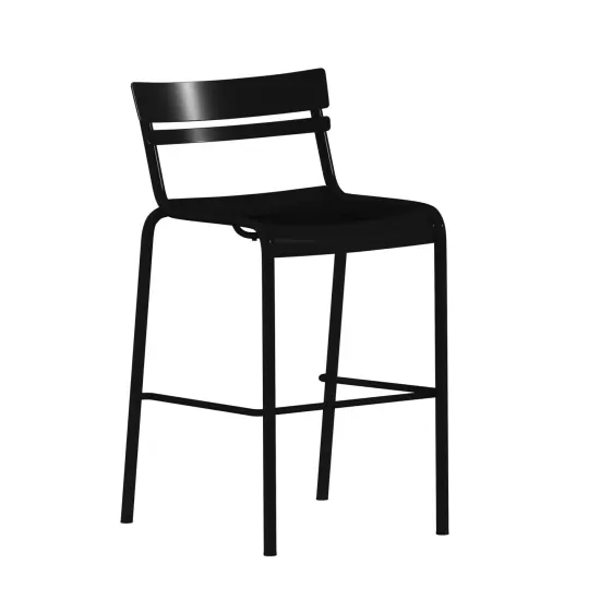 Emma and Oliver Rennes Armless Powder Coated Steel Stool with 2 Slat Back for Indoor-Outdoor Use Black {1}