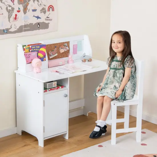 Wooden Kids Study Desk and Chair Set with Storage Cabinet and Bulletin Board-White {6}
