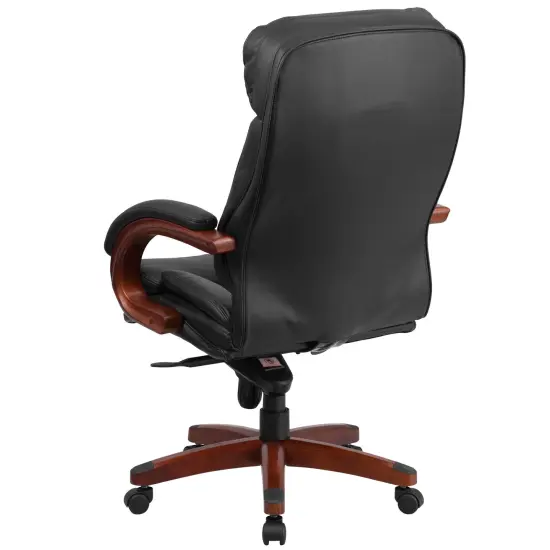 Emma and Oliver High Back Leather Executive Swivel Ergonomic Office Chair with Synchro-Tilt Mechanism, Mahogany Wood Base and Arms Black {4}