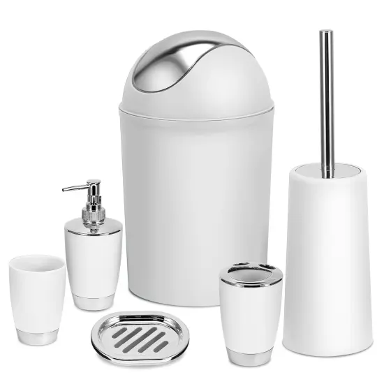 Eggracks 6 Pcs Bathroom Accessories Set including Soap Dispenser | Toothbrush Holder | Tumbler | Soap Dish | Toilet Cleaning Brush and Trash Can White {1}