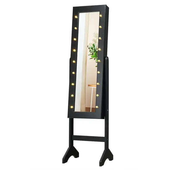 Freestanding Jewelry Organizer Cabinet Armoire with LED Lights and Full Length Mirror Black {4}