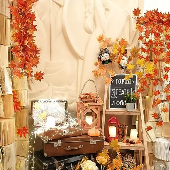 CQURE 12 Pack Fall Leaf Garland, Hanging Vines Garland Artificial Fall Maple Leaves Garland Thanksgiving Decor for Home Wedding Fireplace Party {2}