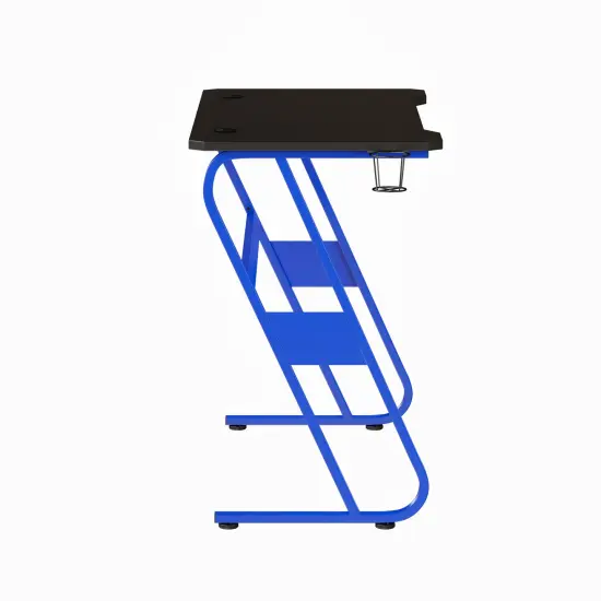 Emma and Oliver Professional Gaming Ergonomic Desk with Cup Holder and Headphone Hook Blue {5}