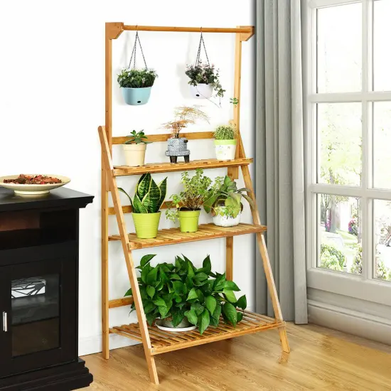 Costway 3 Tier Bamboo Hanging Folding Plant Shelf Stand Flower Pot Display Rack Bookcase {1}