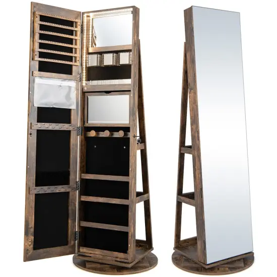 360 Degree Full Length Mirror Jewelry Armoire Cabinet with 3-Color LED Lights and Lockable Door Brown {1}