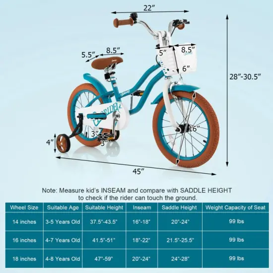 16 Inch Kids Adjustable Bike with Cute Basket for Storage and 2 Training Wheels Turquoise {5}