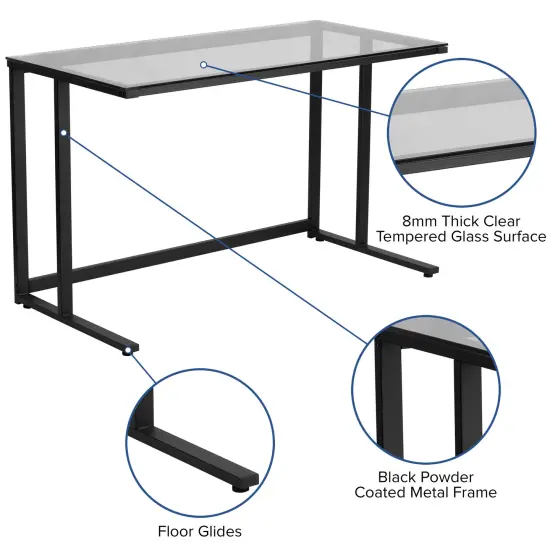 Emma and Oliver Glass Top Desk with Pedestal Metal Frame - Home Office Furniture Clear/Black {2}