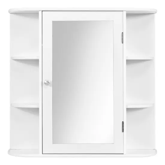 Wall Mounted Mirror Bathroom Storage Cabinet with 3 Adjustable Shelves and 6 Open Side Racks White {3}
