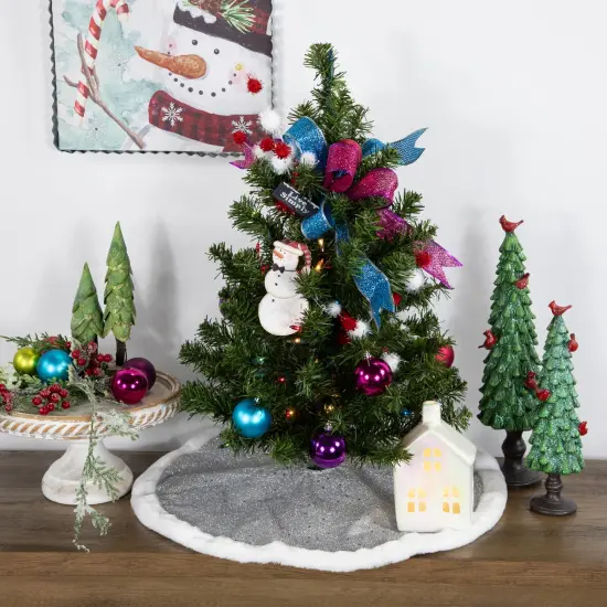 Northlight 20" Silver Glittered Mini Christmas Tree Skirt with White Fur Trim {4}