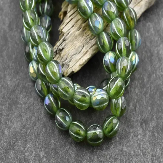 *20* 8mm Metallic Green Washed Matte Peridot AB Faceted Round Melon Beads {3}